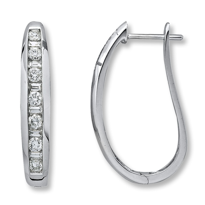 Main Image 1 of Previously Owned Diamond Hoop Earrings 1 ct tw Round/Baguette-Cut 14K White Gold