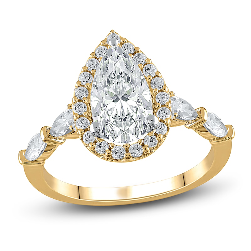 Main Image 1 of Previously Owned Lab-Created Diamond Engagement Ring 2-1/4 ct tw Pear/Round 14K Yellow Gold