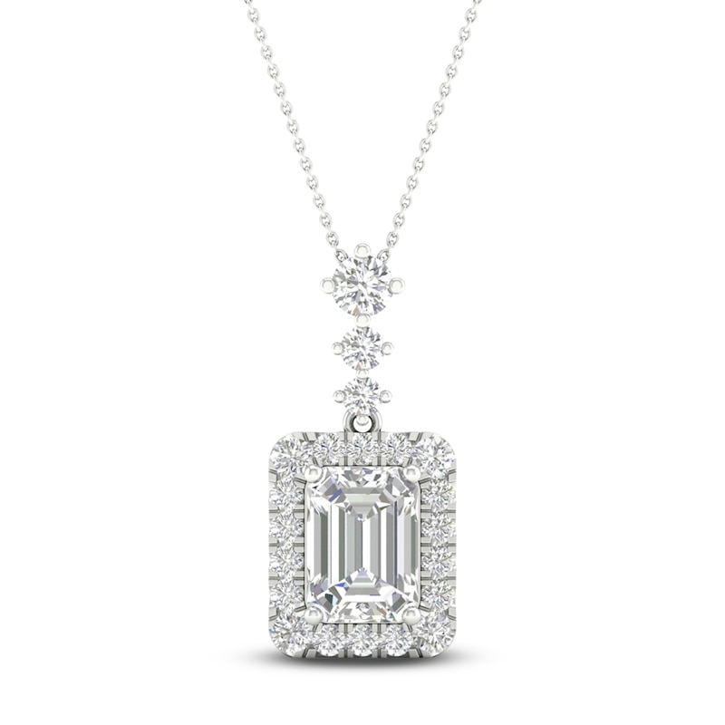 Main Image 1 of Previously Owned Lab-Created Diamond Pendant Necklace 1-1/2 ct tw Round/Emerald 14K White Gold