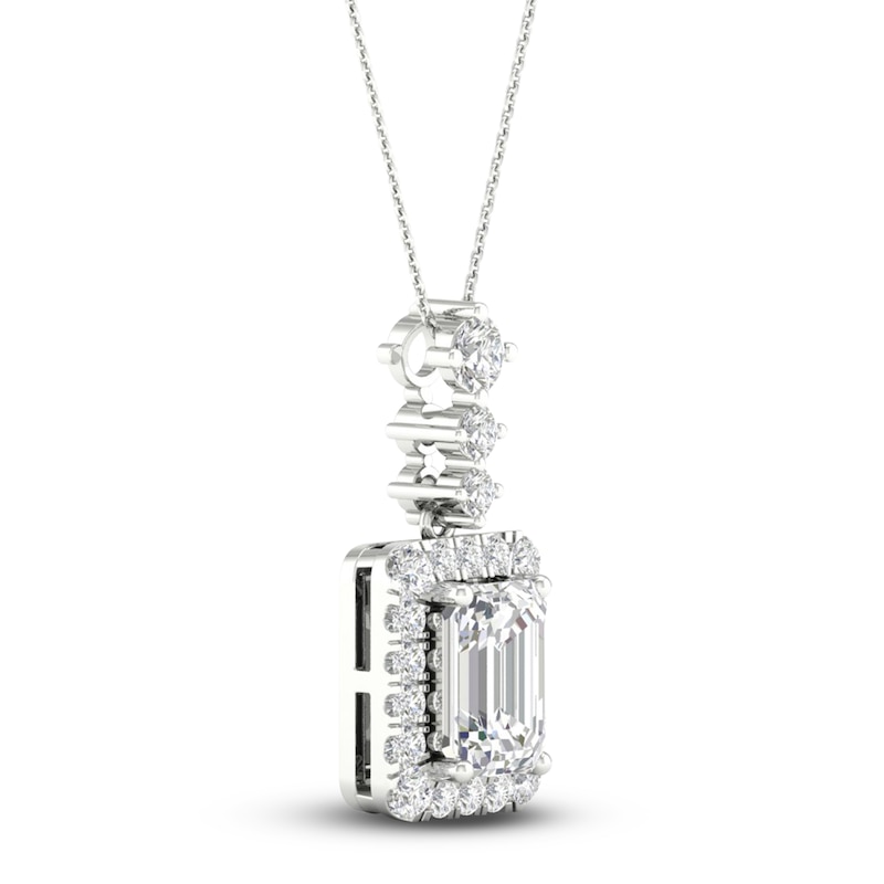 Main Image 2 of Previously Owned Lab-Created Diamond Pendant Necklace 1-1/2 ct tw Round/Emerald 14K White Gold