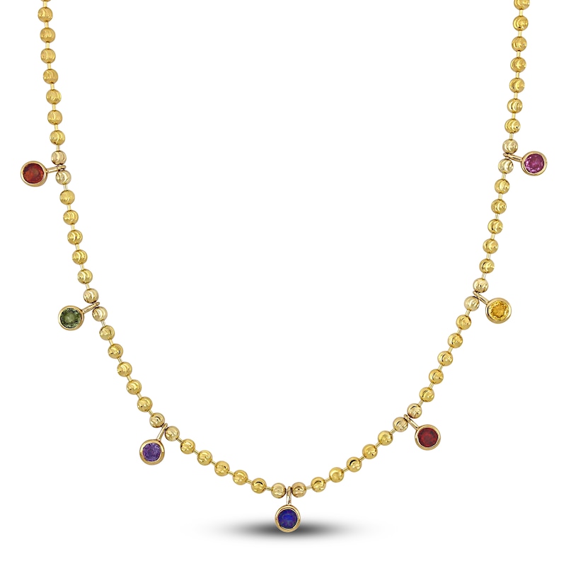 Multicolor Natural Sapphire Charm Necklace 10K Yellow Gold 16"