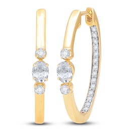 Diamond 3-Stone Hoop Earrings 1/2 ct tw Oval/Round 14K Yellow Gold