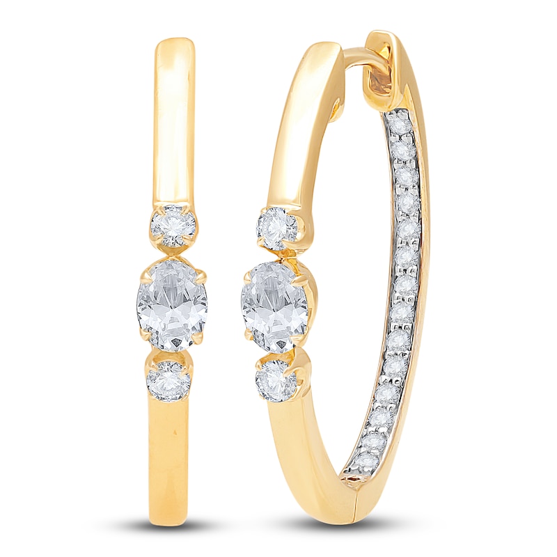 Main Image 1 of Diamond 3-Stone Hoop Earrings 1/2 ct tw Oval/Round 14K Yellow Gold