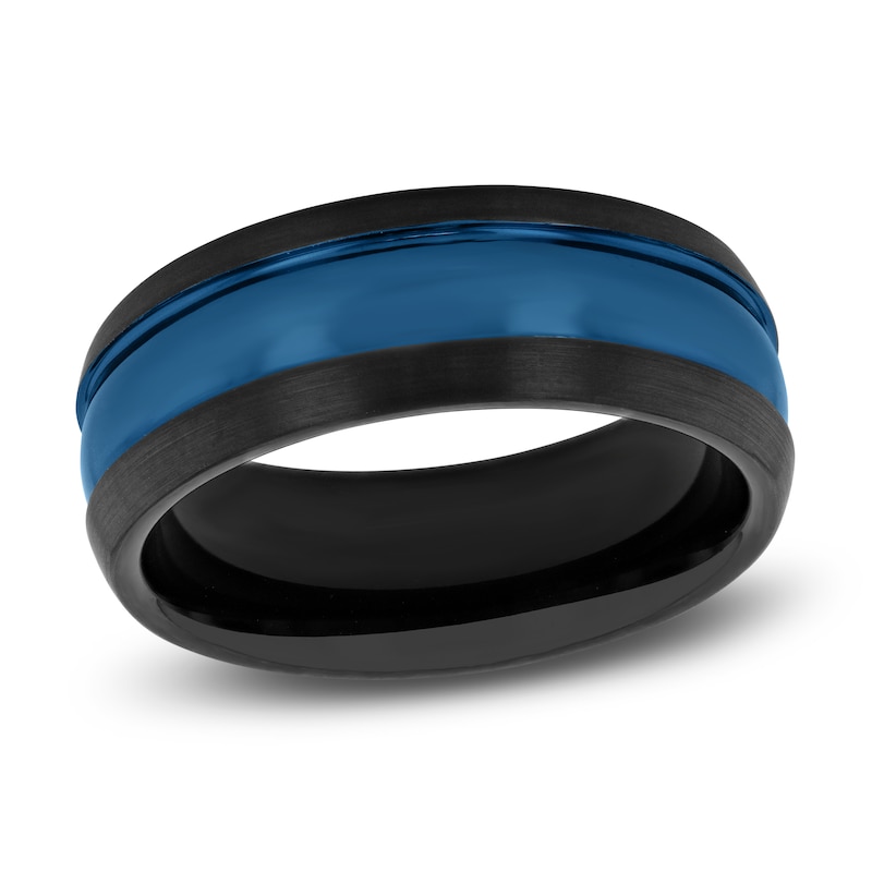 Main Image 1 of Men's Stripe Wedding Band Black & Blue Tungsten Carbide 8mm