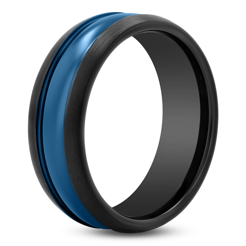 Main Image 2 of Men's Stripe Wedding Band Black & Blue Tungsten Carbide 8mm