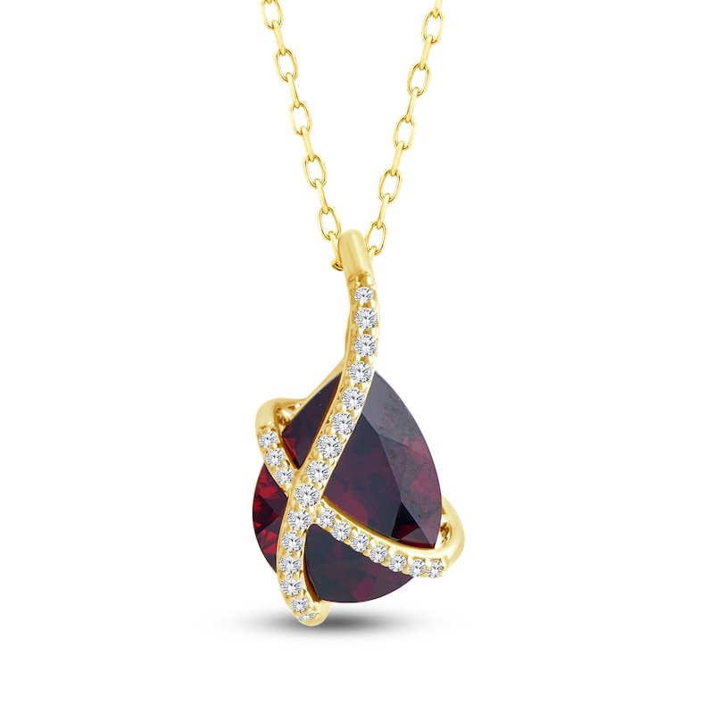 Pear-Shaped Natural Garnet & Diamond Crossover Necklace 1/15 ct tw 14K Yellow Gold