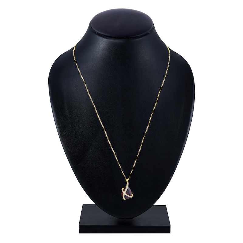 Pear-Shaped Natural Garnet & Diamond Crossover Necklace 1/15 ct tw 14K Yellow Gold