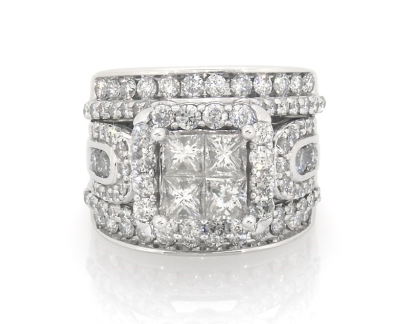 Main Image 1 of Previously Owned Princess-Cut Quad Diamond Halo Bridal Set 2-7/8 ct tw 14K White Gold Size 5.75