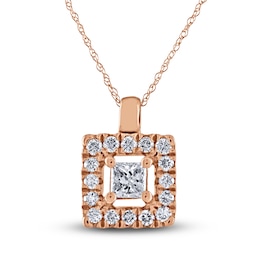 Diamond Halo Pendant Necklace 1/6 ct tw Princess/Round 10K Rose Gold