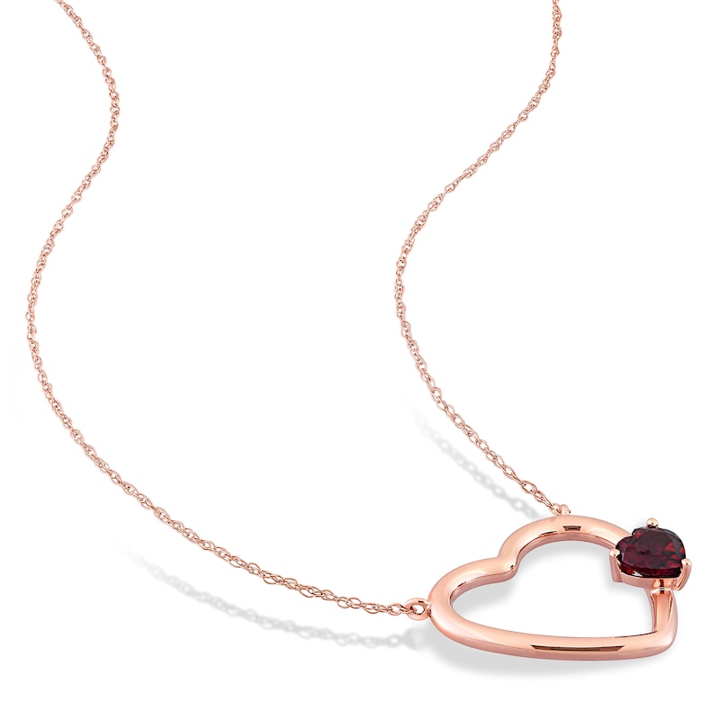 Natural Garnet Heart Pendant Necklace 10K Rose Gold 17"