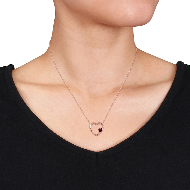 Natural Garnet Heart Pendant Necklace 10K Rose Gold 17"