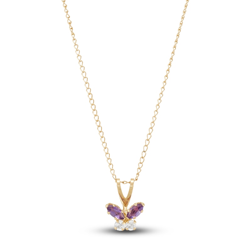 Main Image 1 of Children's Natural Amethyst & Natural White Topaz Butterfly Necklace 14K Yellow Gold  13&quot;