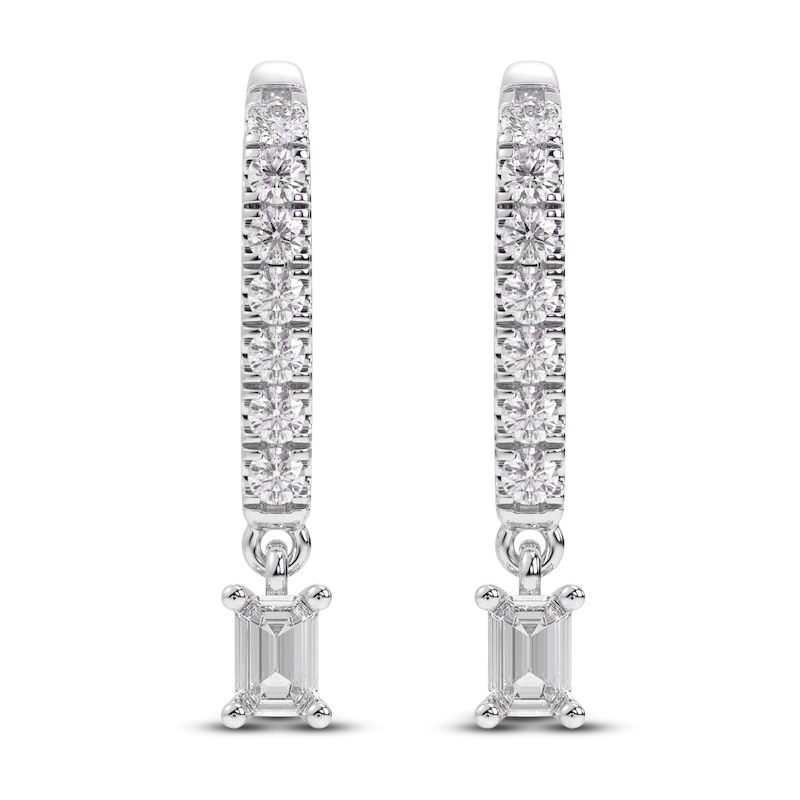 Main Image 1 of Diamond Drop Earrings 1/2 ct tw Emerald/Round 14K White Gold