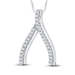 Diamond Wishbone Pendant Necklace 1/8 ct tw Round 14K White Gold 18&quot;