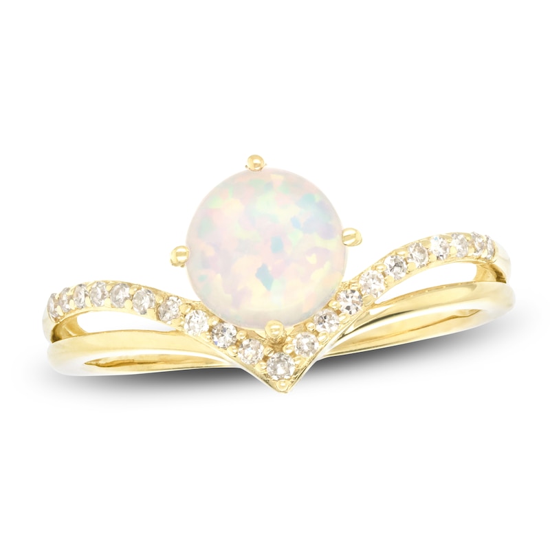 Main Image 1 of Lab-Created Opal & Diamond Chevron Ring 1/8 ct tw 10K Yellow Gold