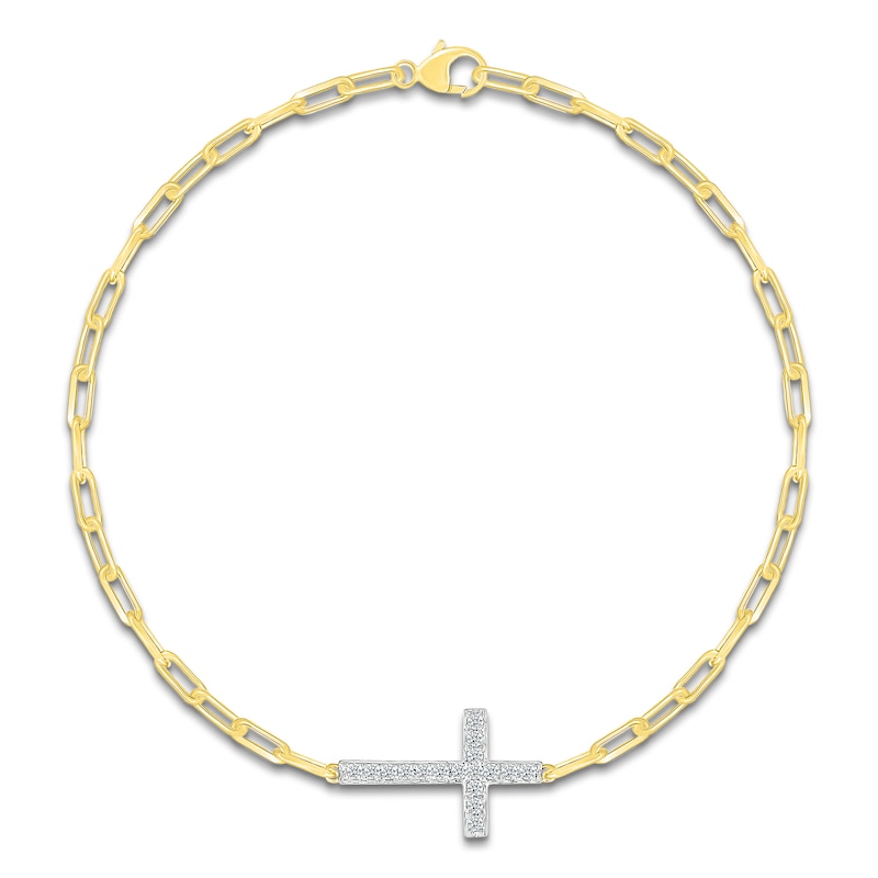 Diamond Sideways Cross Paperclip Chain Bracelet 1/8 ct tw 10K Yellow Gold 7.5"