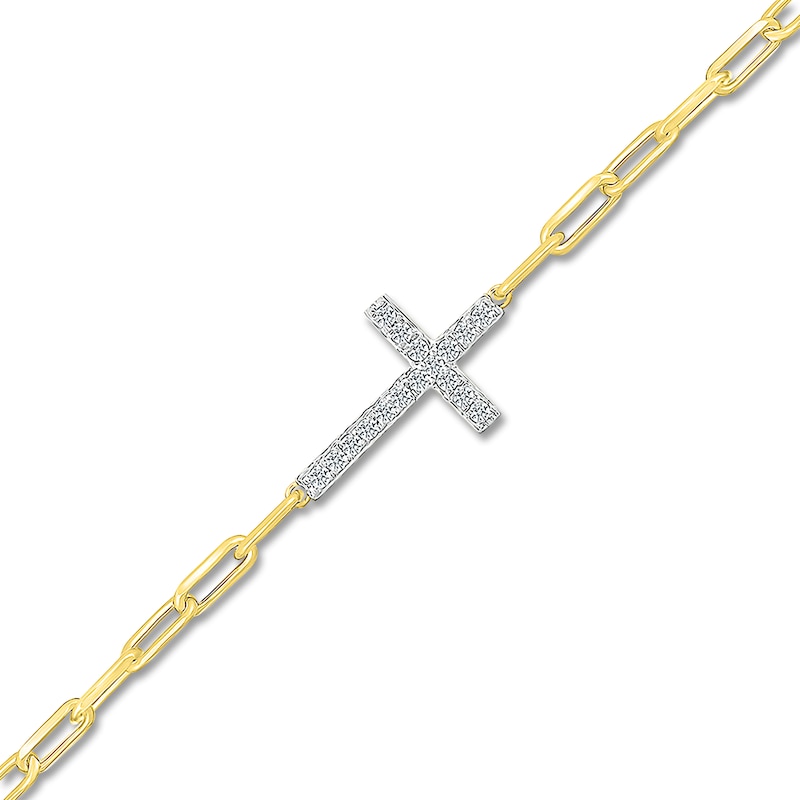 Main Image 2 of Diamond Sideways Cross Paperclip Chain Bracelet 1/8 ct tw 10K Yellow Gold 7.5&quot;