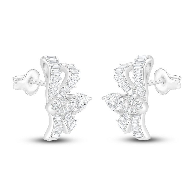 Main Image 2 of Pear, Baguette & Round-Cut Lab-Created Diamond Bow Stud Earrings 2 ct tw 14K White Gold