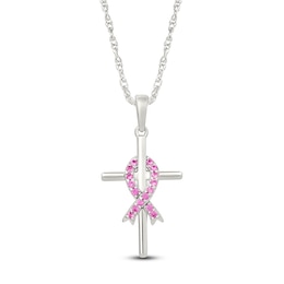 Pink Lab-Created Sapphire Ribbon & Cross Necklace Sterling Silver 18&quot;