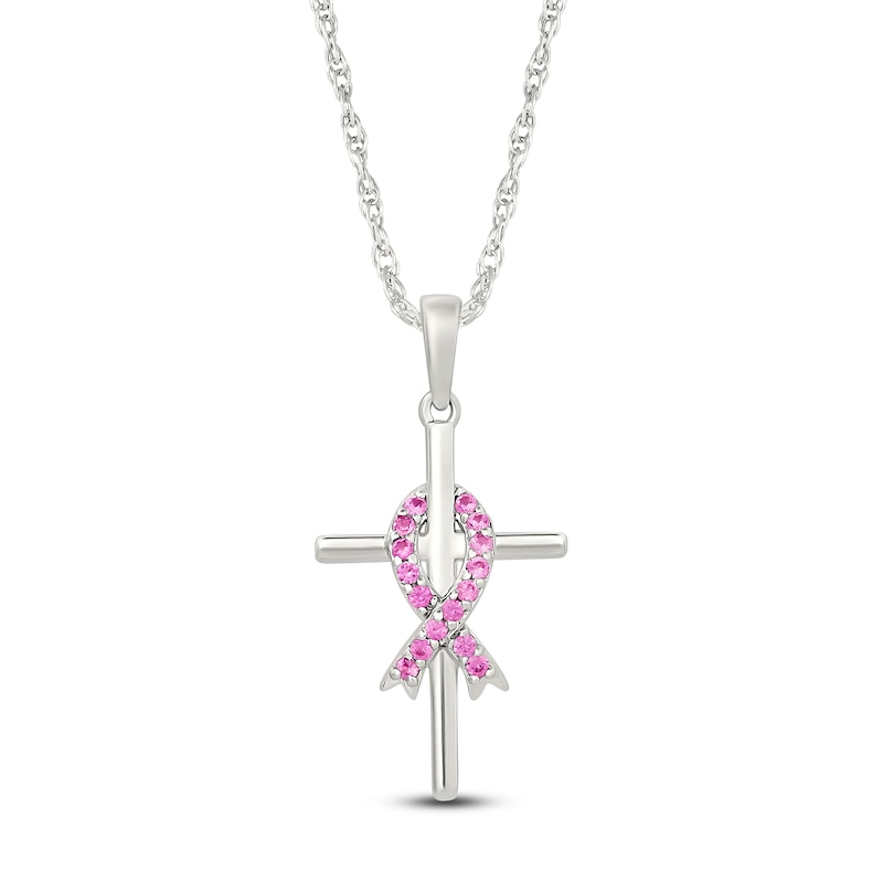 Main Image 1 of Pink Lab-Created Sapphire Ribbon & Cross Necklace Sterling Silver 18&quot;