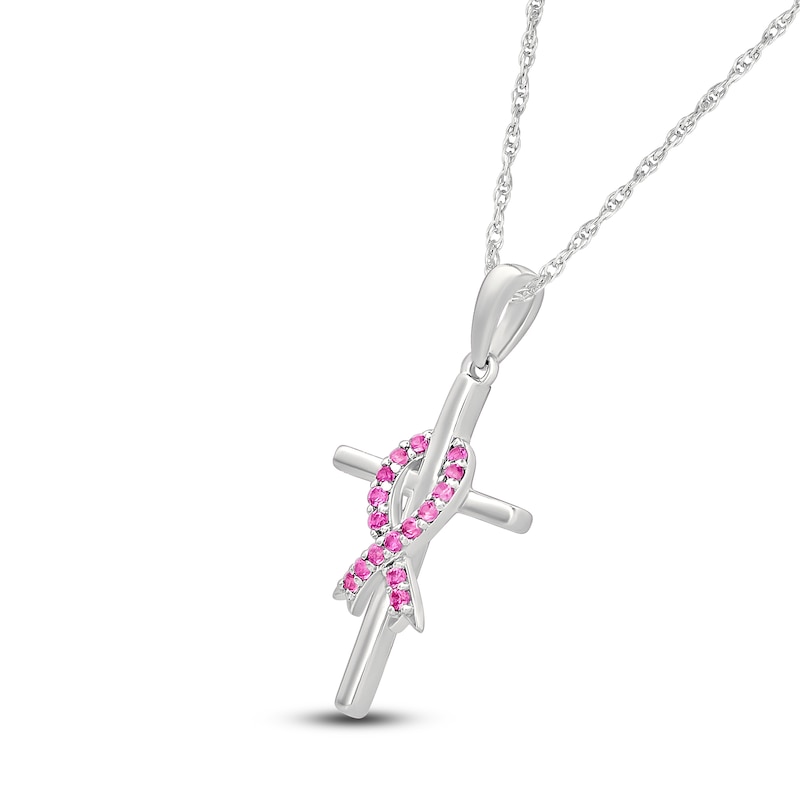 Main Image 2 of Pink Lab-Created Sapphire Ribbon & Cross Necklace Sterling Silver 18&quot;