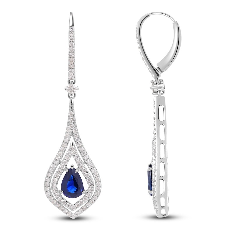 Main Image 1 of Pear-Shaped Natural Blue Sapphire & Diamond Chandelier Earrings 1 ct tw 18K White Gold