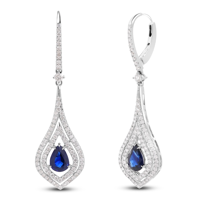 Main Image 2 of Pear-Shaped Natural Blue Sapphire & Diamond Chandelier Earrings 1 ct tw 18K White Gold