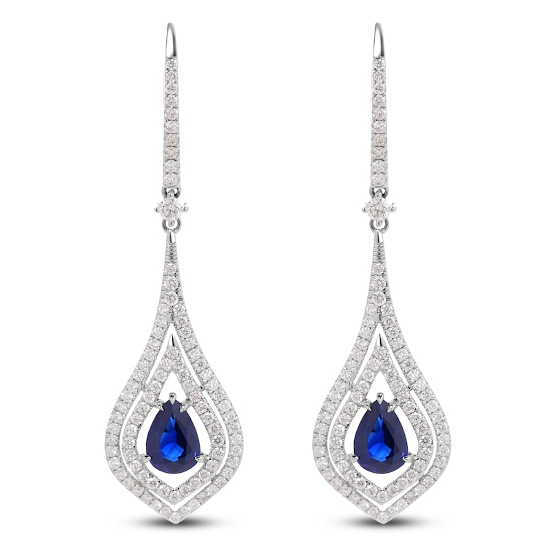 Main Image 4 of Pear-Shaped Natural Blue Sapphire & Diamond Chandelier Earrings 1 ct tw 18K White Gold