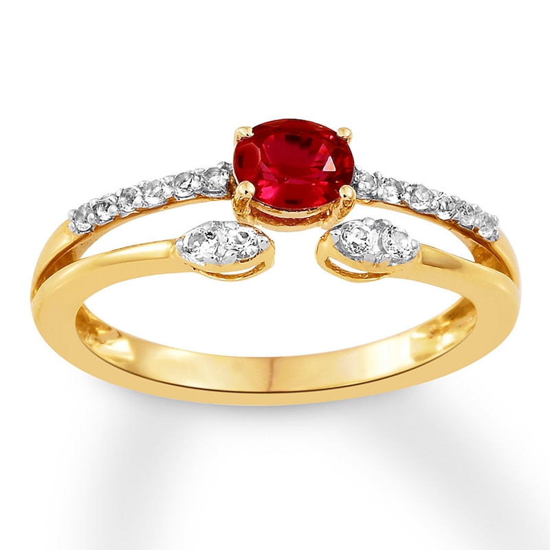 Main Image 1 of Lab-Created Ruby Ring White Topaz Accents 10K Yellow Gold