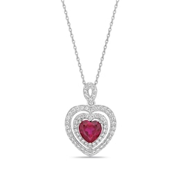 Lab-Created Ruby & White Lab-Created Sapphire Heart Necklace Sterling Silver