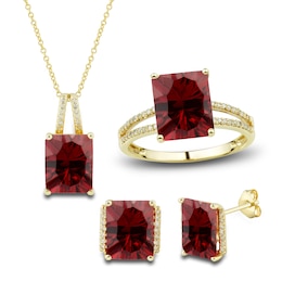 Lab-Created Ruby Ring, Earring & Necklace Set 1/5 ct tw Diamonds 10K Yellow Gold