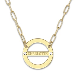Engravable High-Polish Circle Necklace Diamond Accents 14K Yellow Gold 18&quot; 19mm