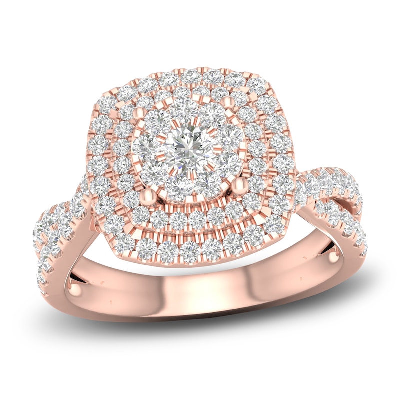 Main Image 1 of Diamond Double Halo Engagement Ring 1-1/3 ct tw Round 14K Rose Gold