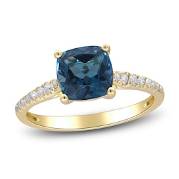 Cushion-Cut Natural London Blue Topaz & Diamond Engagement Ring 1/8 ct tw 14K Yellow Gold