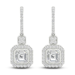 Square-Cut Emerald/Round Lab-Created Diamond Earrings 2-3/4 ct tw 14K White Gold