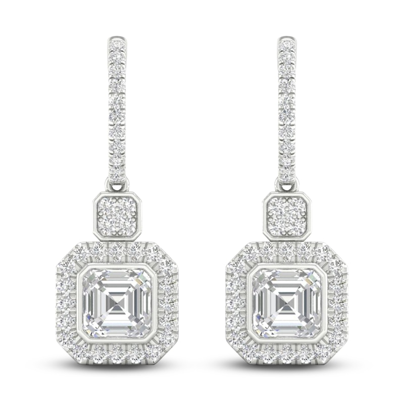 Main Image 1 of Square-Cut Emerald/Round Lab-Created Diamond Earrings 2-3/4 ct tw 14K White Gold