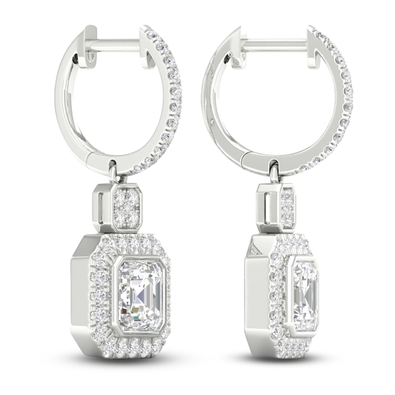 Main Image 3 of Square-Cut Emerald/Round Lab-Created Diamond Earrings 2-3/4 ct tw 14K White Gold