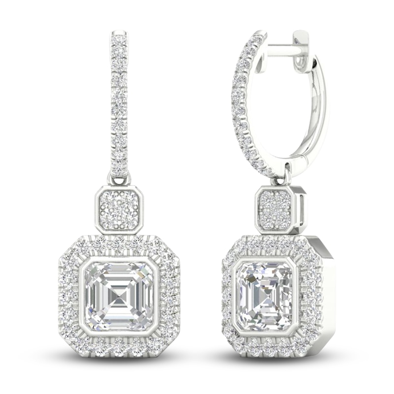 Main Image 4 of Square-Cut Emerald/Round Lab-Created Diamond Earrings 2-3/4 ct tw 14K White Gold