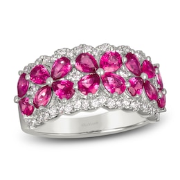 Pear-Shaped Natural Ruby & Diamond Flower Ring 3/8 ct tw Round Platinum