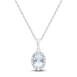 Oval-Cut Natural Aquamarine & Diamond Necklace 1/6 ct tw 10K White Gold 18&quot;