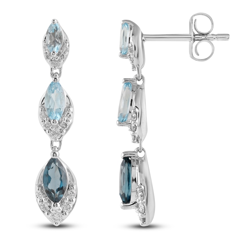 Main Image 1 of Marquise-Cut Natural Sky, Swiss & London Blue Topaz Drop Earrings 1/4 ct tw Diamonds 10K White Gold