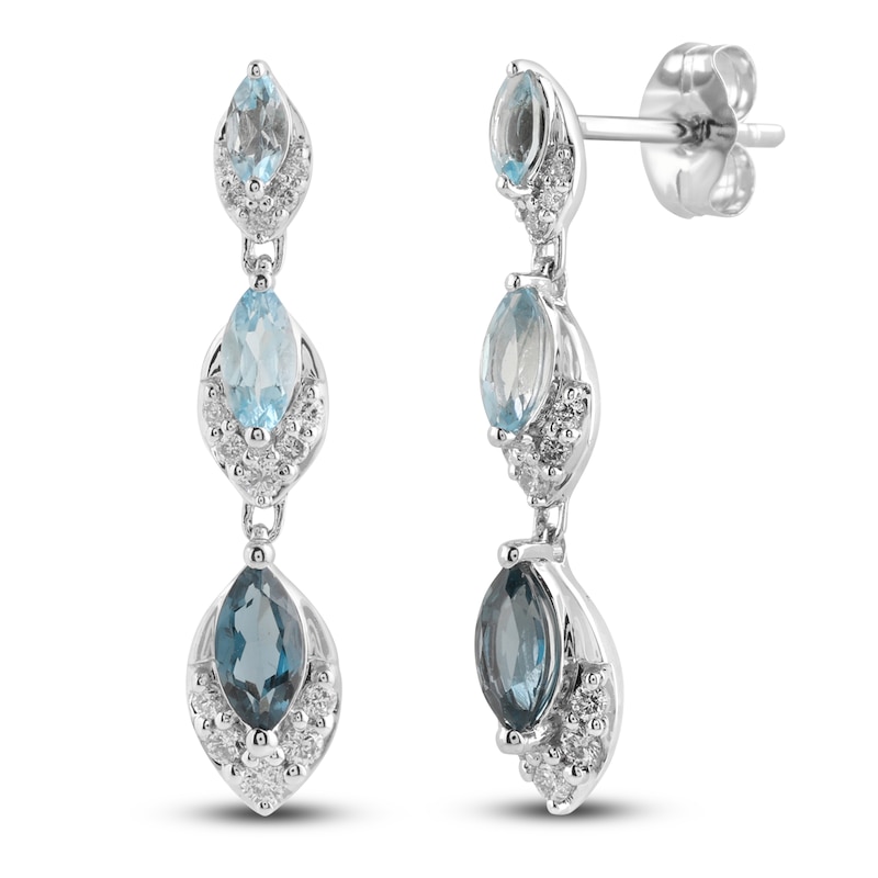 Main Image 2 of Marquise-Cut Natural Sky, Swiss & London Blue Topaz Drop Earrings 1/4 ct tw Diamonds 10K White Gold