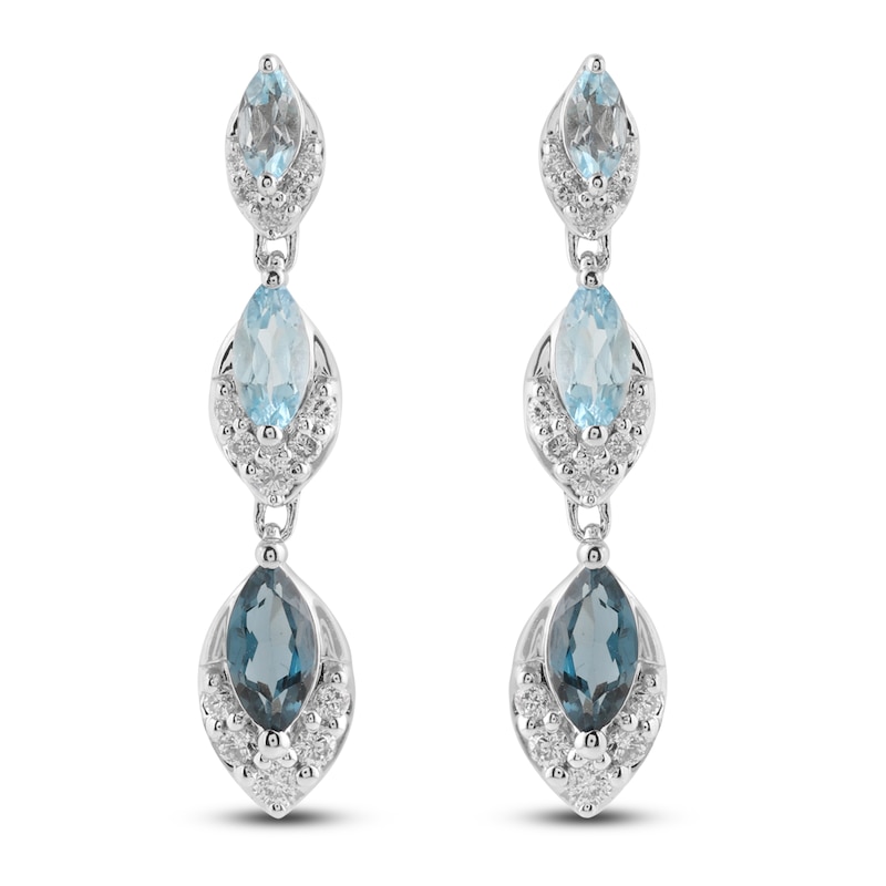 Main Image 3 of Marquise-Cut Natural Sky, Swiss & London Blue Topaz Drop Earrings 1/4 ct tw Diamonds 10K White Gold