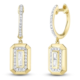 Shy Creation Baguette & Round-Cut Diamond Dangle Hoop Earrings 1/5 ct tw 14K Yellow Gold SC55026652RD