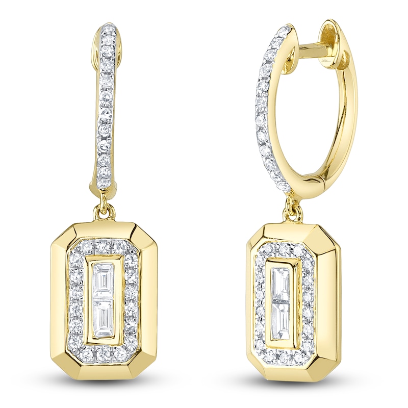 Main Image 1 of Shy Creation Baguette & Round-Cut Diamond Dangle Hoop Earrings 1/5 ct tw 14K Yellow Gold SC55026652RD