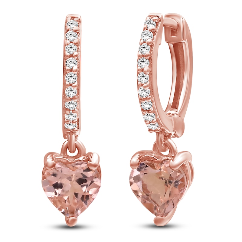 Main Image 1 of Heart-Shaped Natural Morganite & Diamond Dangle Hoop Earrings 1/10 ct tw 10K Rose Gold