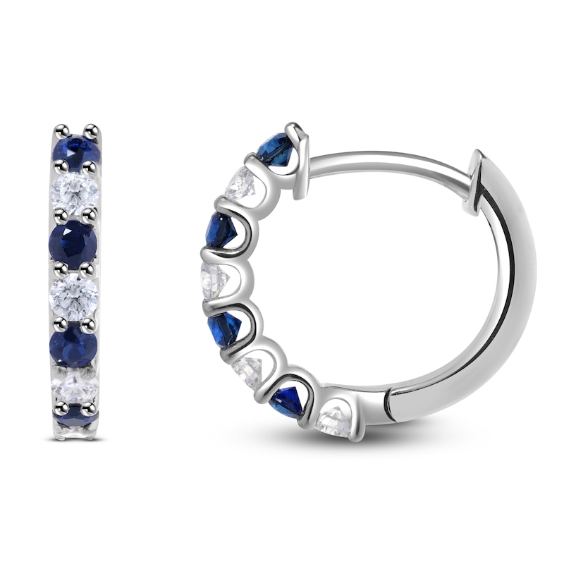 Main Image 1 of Natural Blue Sapphire & Diamond Hoop Earrings 1/6 ct tw 14K White Gold