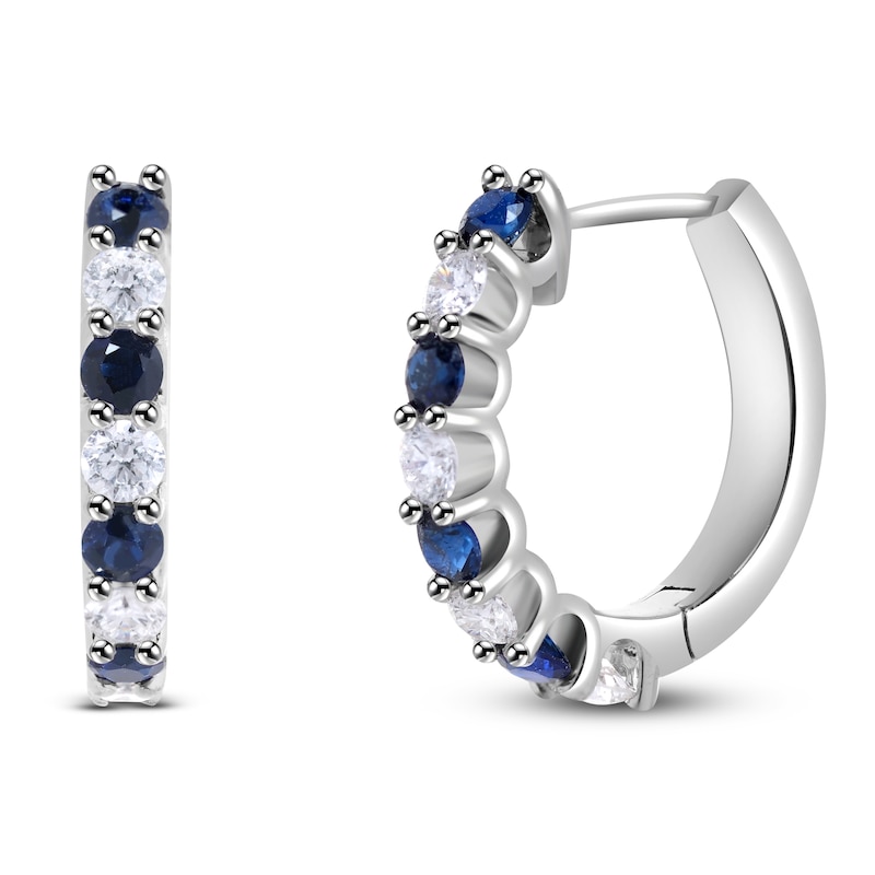 Main Image 2 of Natural Blue Sapphire & Diamond Hoop Earrings 1/6 ct tw 14K White Gold