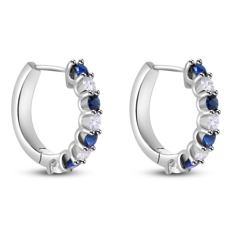 Main Image 3 of Natural Blue Sapphire & Diamond Hoop Earrings 1/6 ct tw 14K White Gold