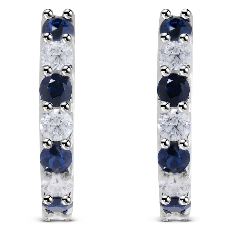 Main Image 4 of Natural Blue Sapphire & Diamond Hoop Earrings 1/6 ct tw 14K White Gold